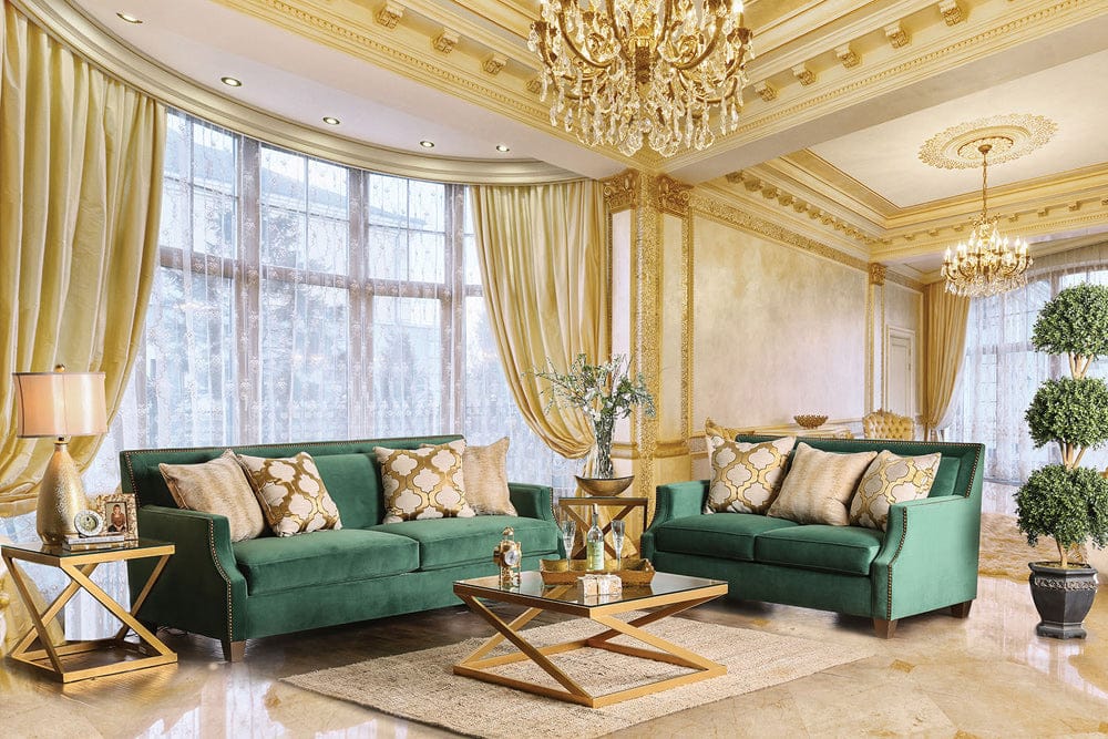 Furniture of America - Verdante Sofa + Loveseat in Emerald Green/Gold - SM2271-2PC View 1