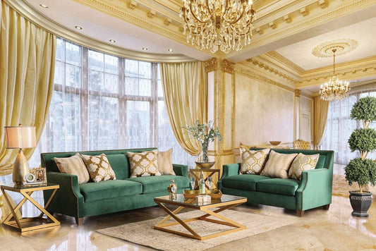 Furniture of America - Verdante Sofa + Loveseat in Emerald Green/Gold - SM2271-2PC View 1