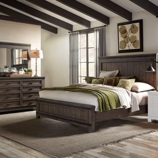 Henry & Mason - Briar Cliff Queen Panel Bed, Dresser & Mirror in Rock Beaten Brown with Saw Cuts - AFA03675 view 1