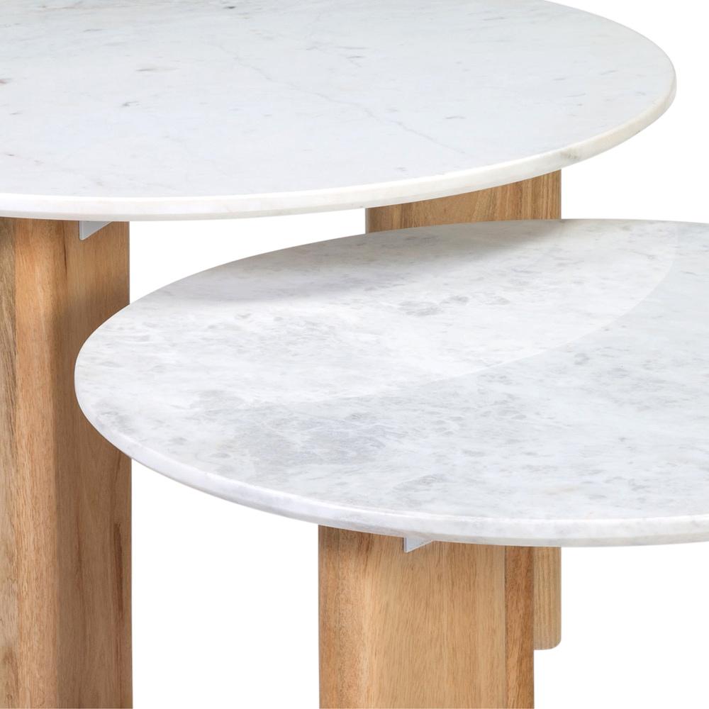 Close-up detail of the marble top and wood structure of the table.