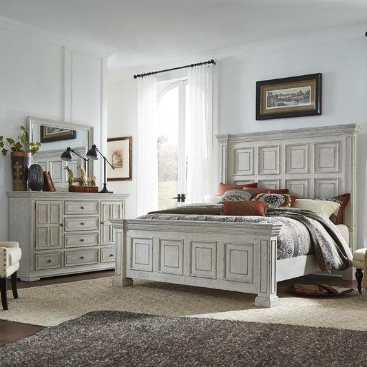Henry & Mason - Grand Basin King Panel Bed, Dresser & Mirror in Whitestone with Heavy Distressing - AFA02471 view 1