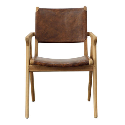 Henry & Mason - Hanaa Natural Teak Wood Dining Chair with Full Grain Leather Upholstery in Antique Brown - DV7047 veiw 2