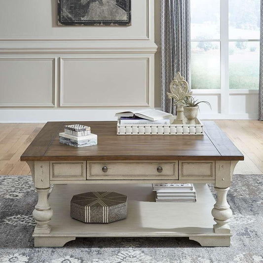 Henry & Mason - Jordan River Drawer Square Cocktail Table in Antique White with Wirebrushed Tobacco Accents - AFA02867 view 1