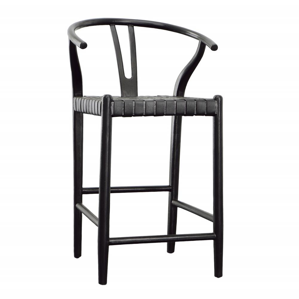 Henry & Mason - Perdino Antique Black Teak Wood and Full Grain Leather Weave Counter Stool - DV7283 veiw 1