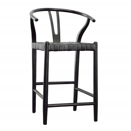 Henry & Mason - Perdino Antique Black Teak Wood and Full Grain Leather Weave Counter Stool - DV7283 veiw 1