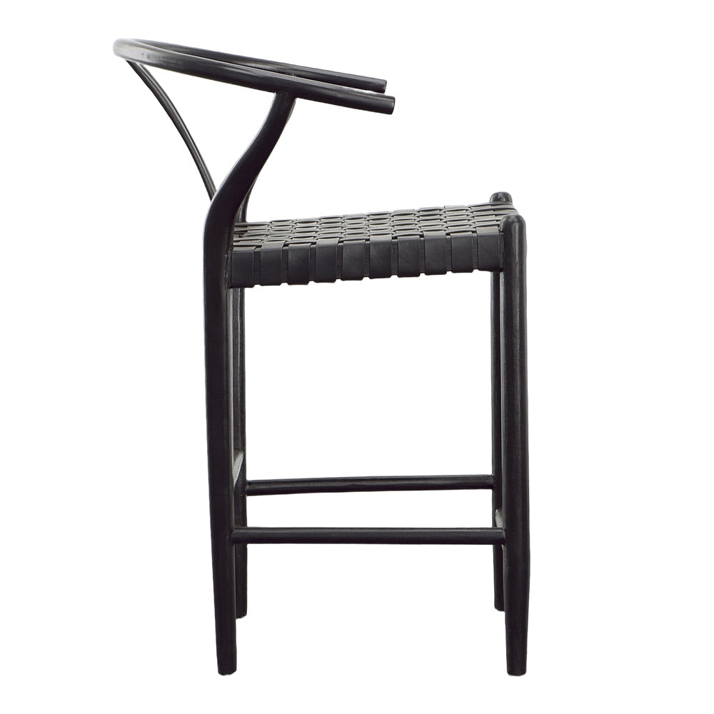 Henry & Mason - Perdino Antique Black Teak Wood and Full Grain Leather Weave Counter Stool - DV7283 veiw 3
