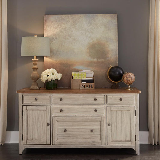 Henry & Mason - The Grange Modern Grange Door Credenza in Antique White with Chestnut Tops - AFA03322 view 1