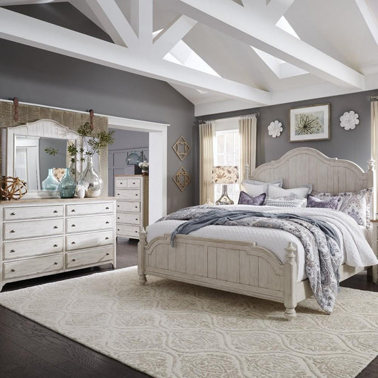 Henry & Mason - The Grange Modern Grange Queen Poster Bed, Dresser & Mirror, Chest in Antique White with Chestnut Tops - AFA03297 view 1