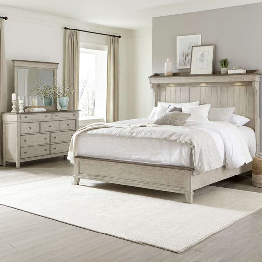 Henry & Mason - Vine Vale Queen Mantle Bed, Dresser & Mirror in Weathered Linen with Dusty Taupe Tops - AFA02809 view 1