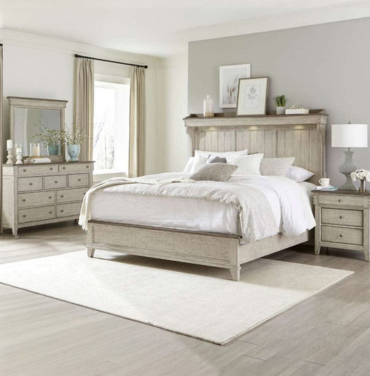 Henry & Mason - Vine Vale Queen Mantle Bed, Dresser & Mirror, Night Stand in Weathered Linen with Dusty Taupe Tops - AFA02812 view 1