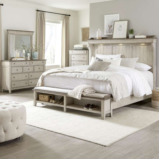 Henry & Mason - Vine Vale Queen Mantle Storage Bed, Dresser & Mirror, Chest in Weathered Linen with Dusty Taupe Tops - AFA02805 view 1