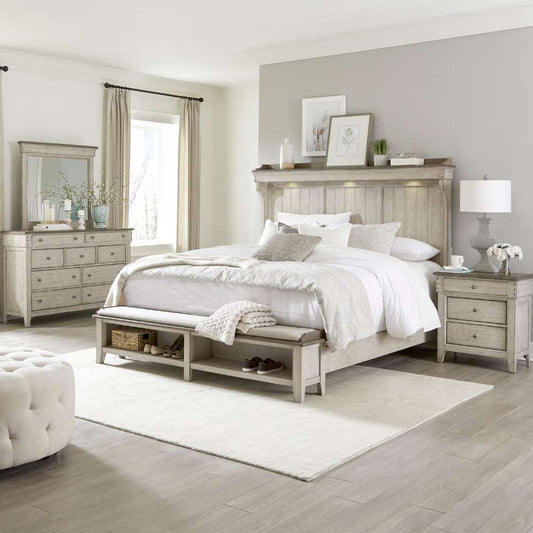 Henry & Mason - Vine Vale Queen Mantle Storage Bed, Dresser & Mirror, Night Stand in Weathered Linen with Dusty Taupe Tops - AFA02807 view 1