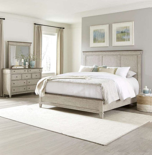 Henry & Mason - Vine Vale Queen Panel Bed, Dresser & Mirror in Weathered Linen with Dusty Taupe Tops - AFA02814 view 1