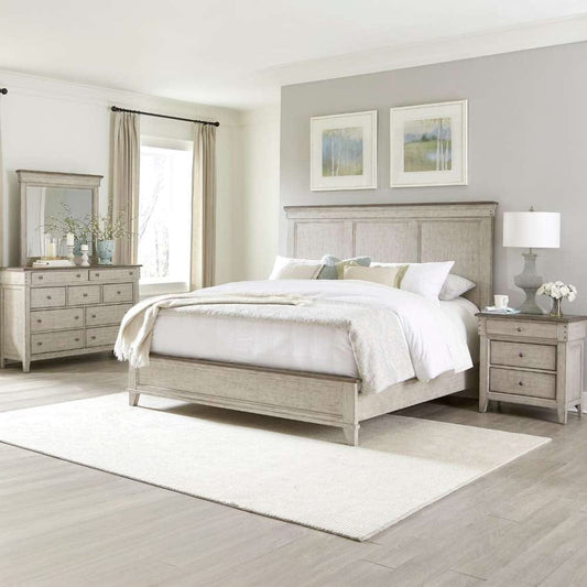 Henry & Mason - Vine Vale Queen Panel Bed, Dresser & Mirror, Night Stand in Weathered Linen with Dusty Taupe Tops - AFA02817 view 1
