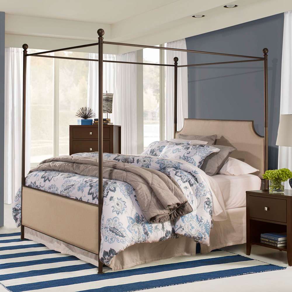 Hillsdale Furniture - McArthur King Metal and Upholstered Canopy Bed, Bronze with Linen Stone Fabric - 1826BKPR veiw 1