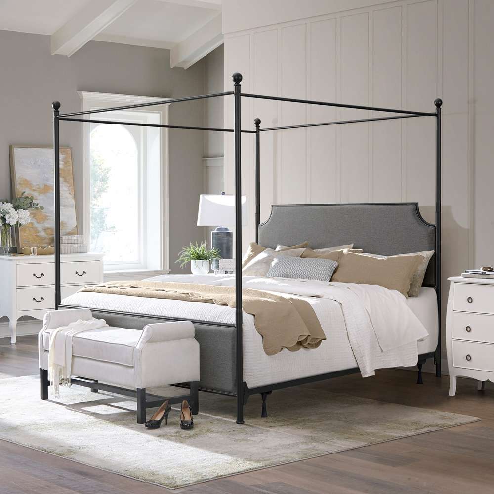 Hillsdale Furniture - McArthur King Metal and Upholstered Canopy Bed, Matte Black with Gray Fabric - 2717BKCR veiw 1