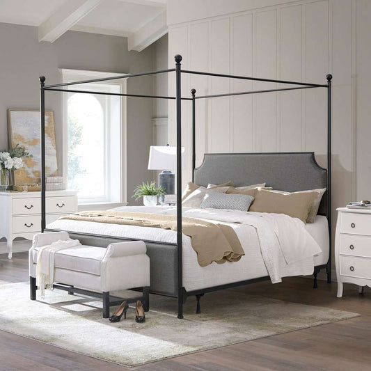 Hillsdale Furniture - McArthur King Metal and Upholstered Canopy Bed, Matte Black with Gray Fabric - 2717BKCR veiw 1