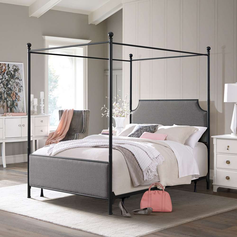 Hillsdale Furniture - McArthur Queen Metal and Upholstered Canopy Bed, Matte Black with Gray Fabric - 2717BQCR veiw 2