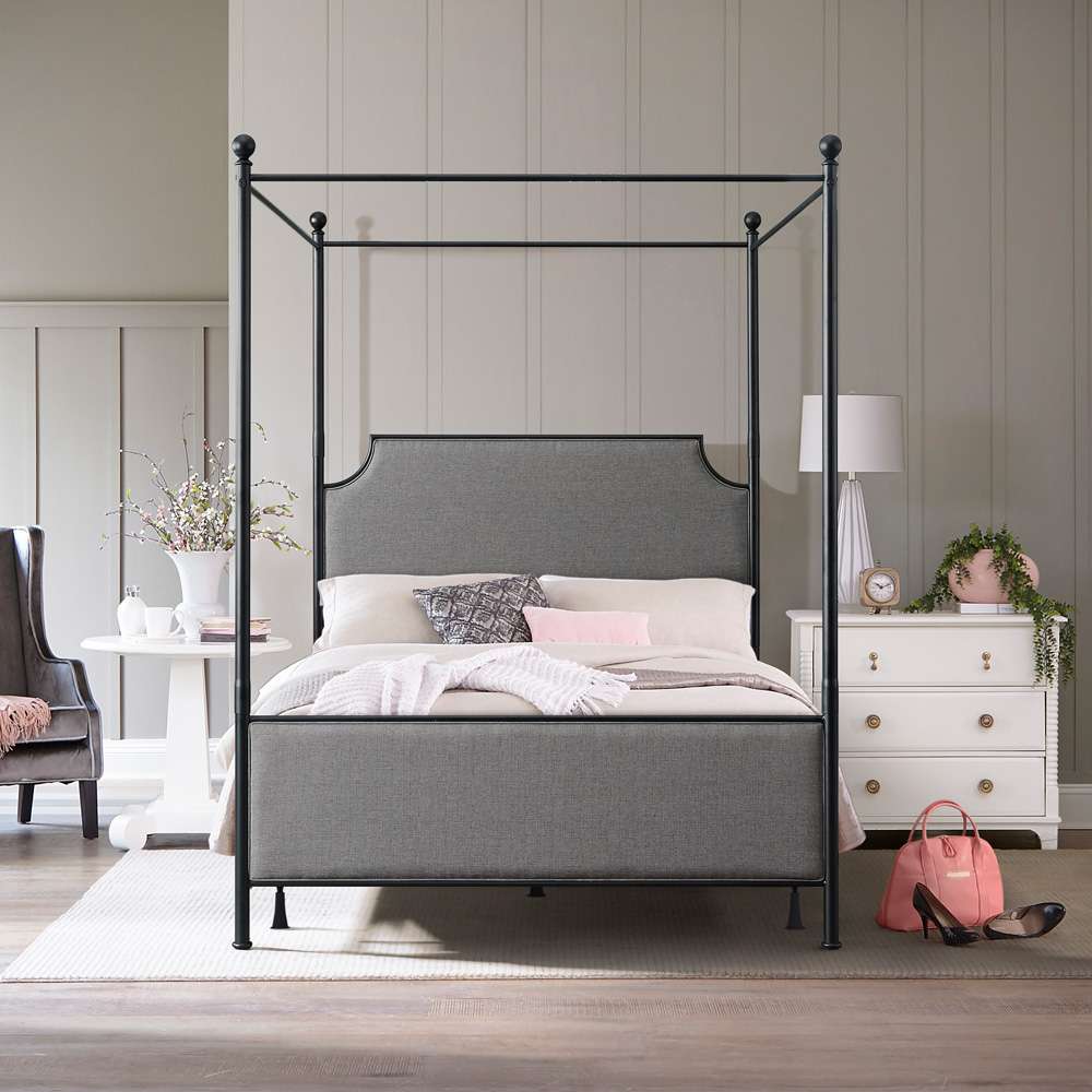 Hillsdale Furniture - McArthur Queen Metal and Upholstered Canopy Bed, Matte Black with Gray Fabric - 2717BQCR veiw 3