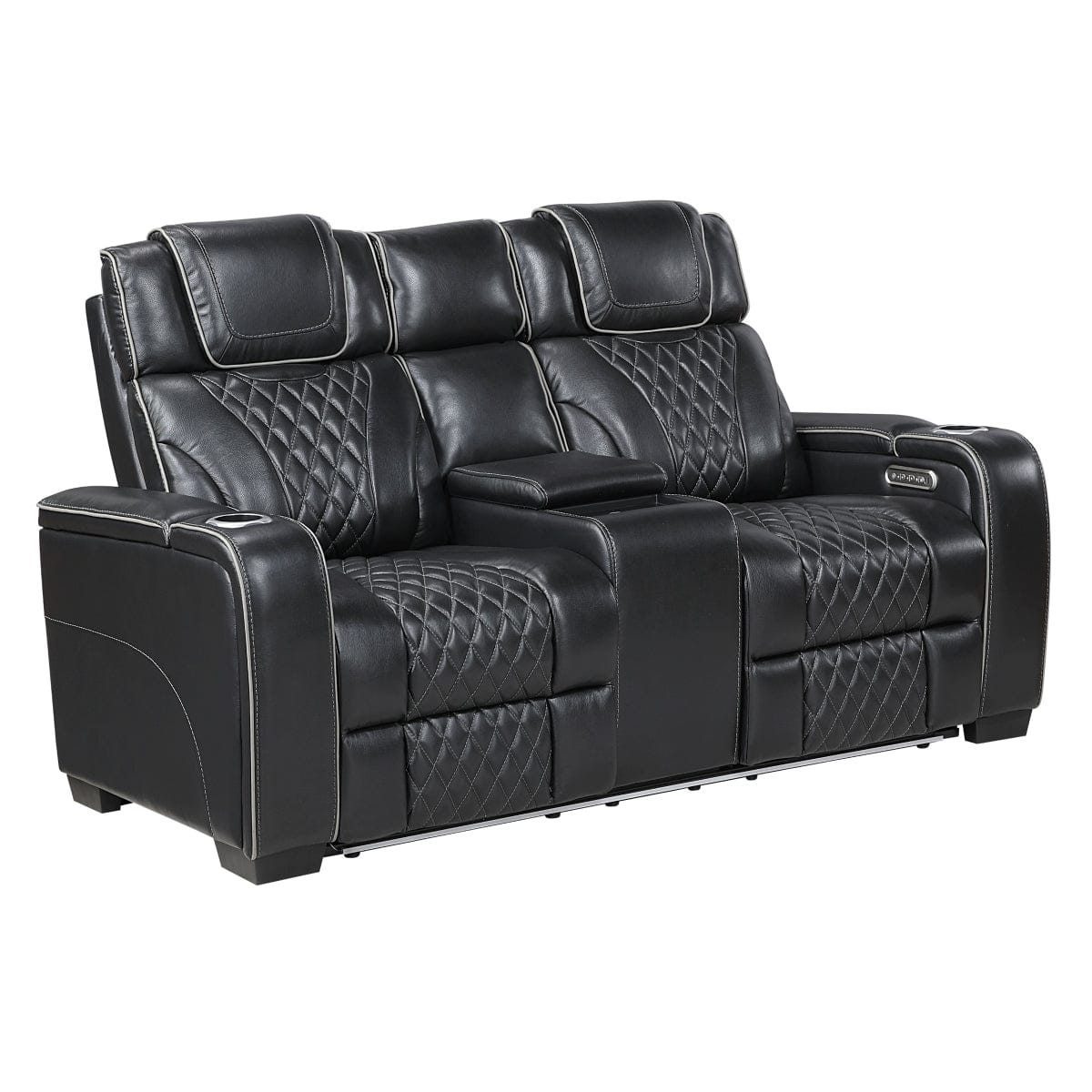 Homelegance  - Apex Power Double Reclining Love Seat W/ Center Console, Power Headrests, Storage Arms W/ Cup Holders, Wireless charger, Air Massage and Heat, LED Lighting and Charging Ports in Black - 8449BK-2PWHM view 1