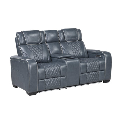 Homelegance  - Apex Power Double Reclining Love Seat W/ Center Console, Power Headrests, Storage Arms W/ Cup Holders, Wireless charger, Air Massage and Heat, LED Lighting and Charging Ports in Blue - 8449BU-2PWHM view 1