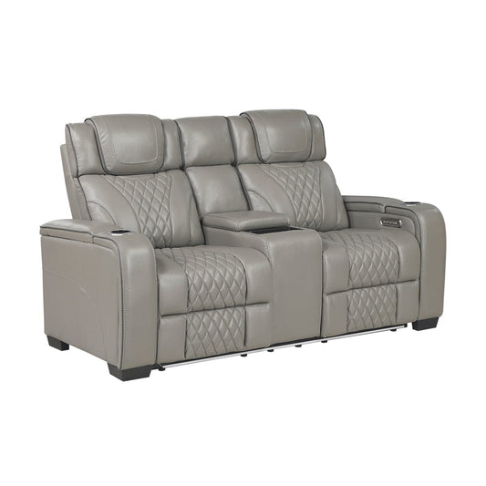 Homelegance  - Apex Power Double Reclining Love Seat W/ Center Console, Power Headrests, Storage Arms W/ Cup Holders, Wireless charger, Air Massage and Heat, LED Lighting and Charging Ports in Gray - 8449GY-2PWHM view 1