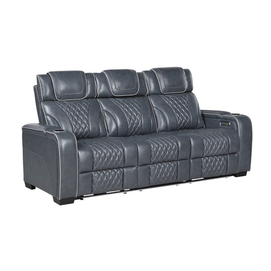 Homelegance  - Apex Power Double Reclining Sofa W/ Center Drop-Down Cup Holders, Power Headrests, Storage Arms W/ Cup holders, Reading Lights, Wireless Charger, Air Massage and Heat, LED Lighting and Charging Ports in Blue - 8449BU-3PWHM