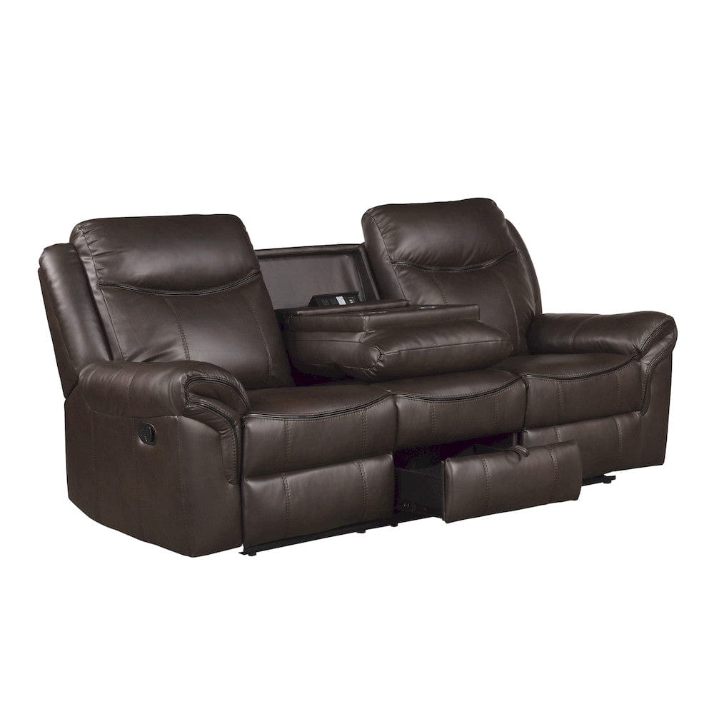 Homelegance  - Aram Double Reclining Sofa W/ Center Drop-Down Cup Holders, Receptacles, Hidden Drawer and USB Ports in Dark brown - 8206BRW-3  view 3