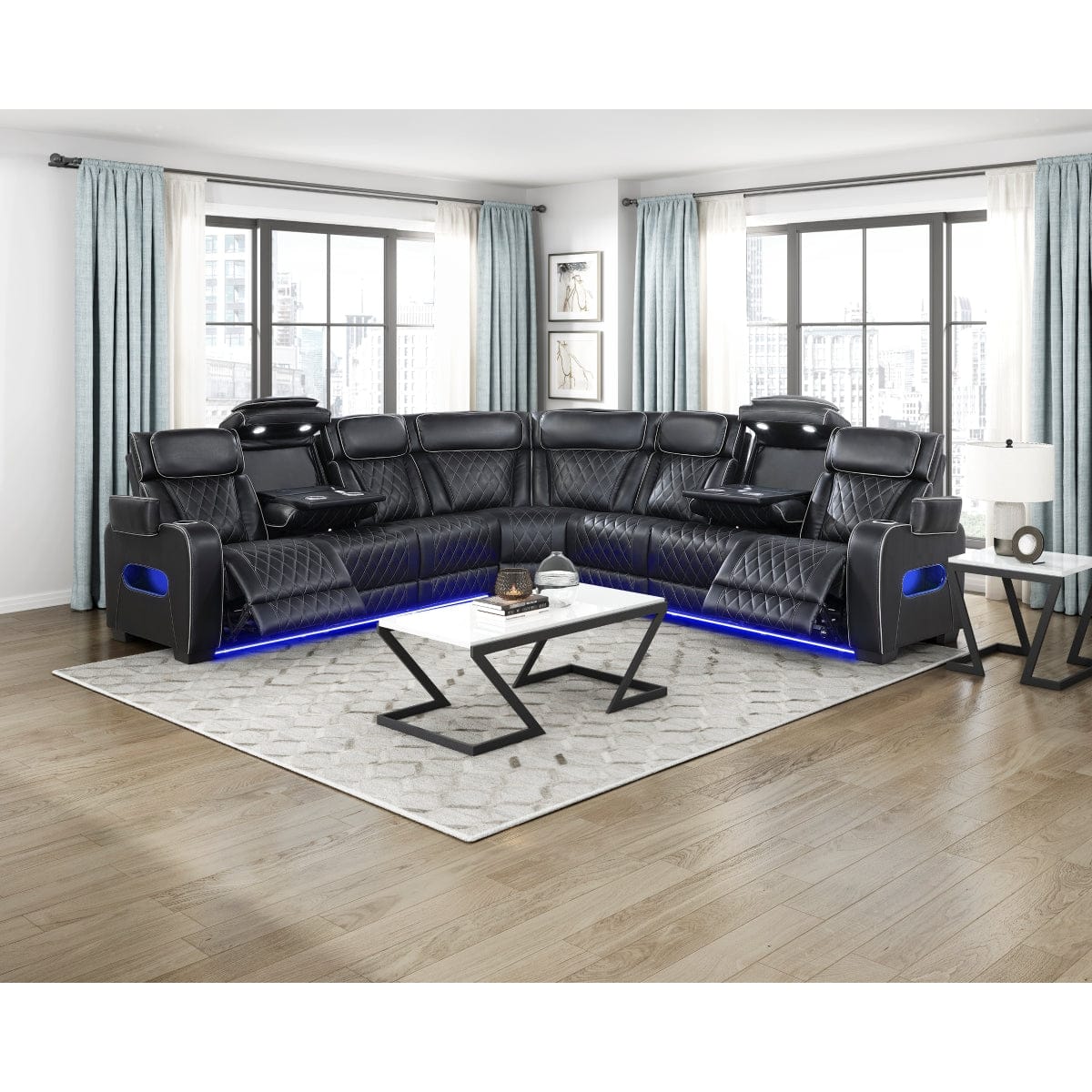Homelegance  - Fairway 3-Piece Power Reclining Sectional W/ Center Power Headrests, Storage Arms, Cup holders, Charging Ports, Reading Lights, Wireless Chargers, Charging Ports and LED in Black - 9516BLKSx33L3RPWH view 3