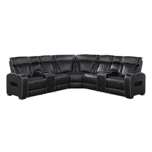 Homelegance  - Fairway 3-Piece Power Reclining Sectional W/ Consoles, Power Headrests, Storage Arms(Top and Side), Cup holders, Charging Ports, Wireless speakers and LED lighting in Black - 9516BLKSx32LCN2RCNPWH view 1