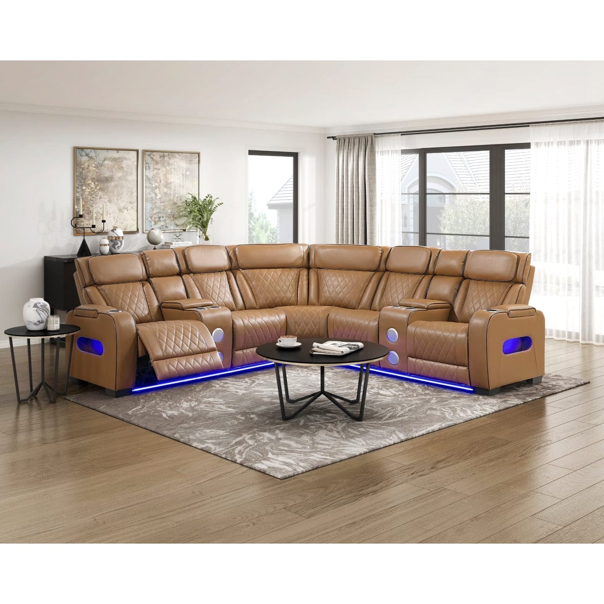 Homelegance  - Fairway 3-Piece Power Reclining Sectional W/ Consoles, Power Headrests, Storage Arms(Top and Side), Cup holders, Charging Ports, Wireless speakers and LED lighting in Brown - 9516BRWSx32LCN2RCNPWH view 3