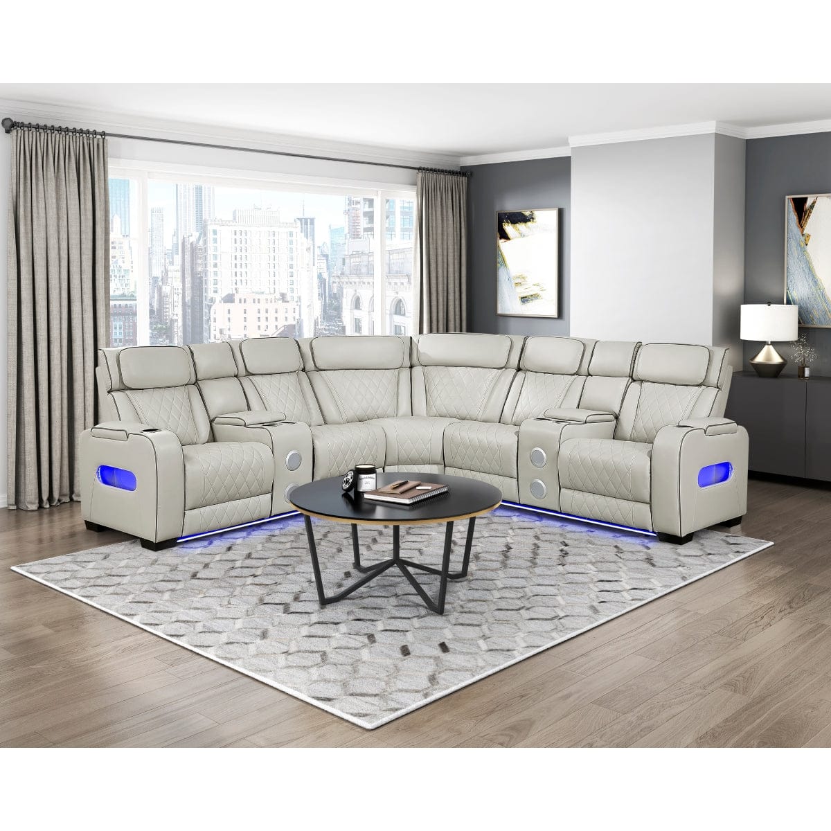 Homelegance  - Fairway 3-Piece Power Reclining Sectional W/ Consoles, Power Headrests, Storage Arms(Top and Side), Cup holders, Charging Ports, Wireless speakers and LED lighting in Taupe - 9516TPESx32LCN2RCNPWH view 3