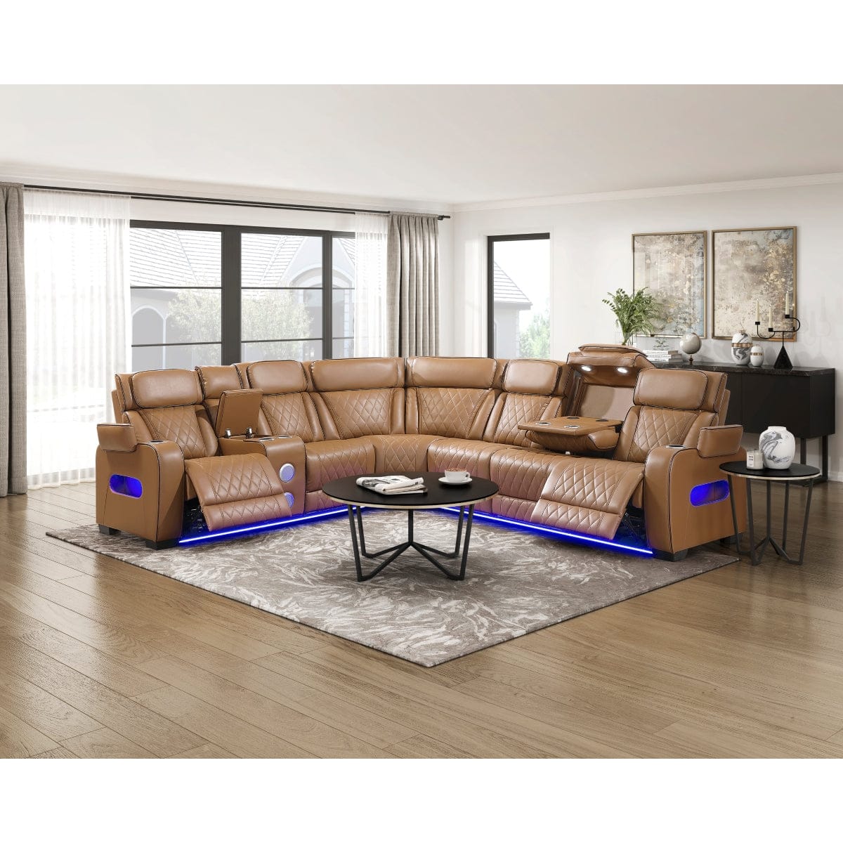 Homelegance  - Fairway 3-Piece Power Reclining Sectional W/ Left Side Console, Power Headrests, Storage Arms, Cup holders, Reading Lights, Charging Ports, Wireless speakers, 2 Wireless Chargers, and LED in Brown - 9516BRWSx32LCN3RPWH view 3