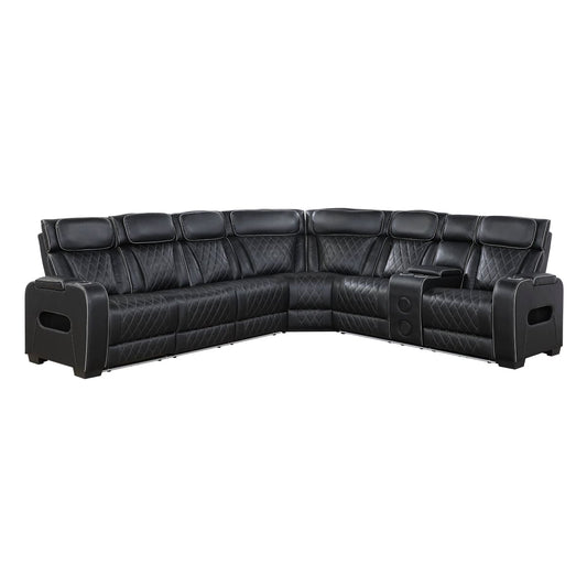 Homelegance  - Fairway 3-Piece Power Reclining Sectional W/ Right Side Console, Power Headrests, Storage Arms, Cup holders, Reading Lights, Charging Ports, Wireless speakers, 2 Wireless Chargers, and LED in Black - 9516BLKSx33L2RCNPWH view 1