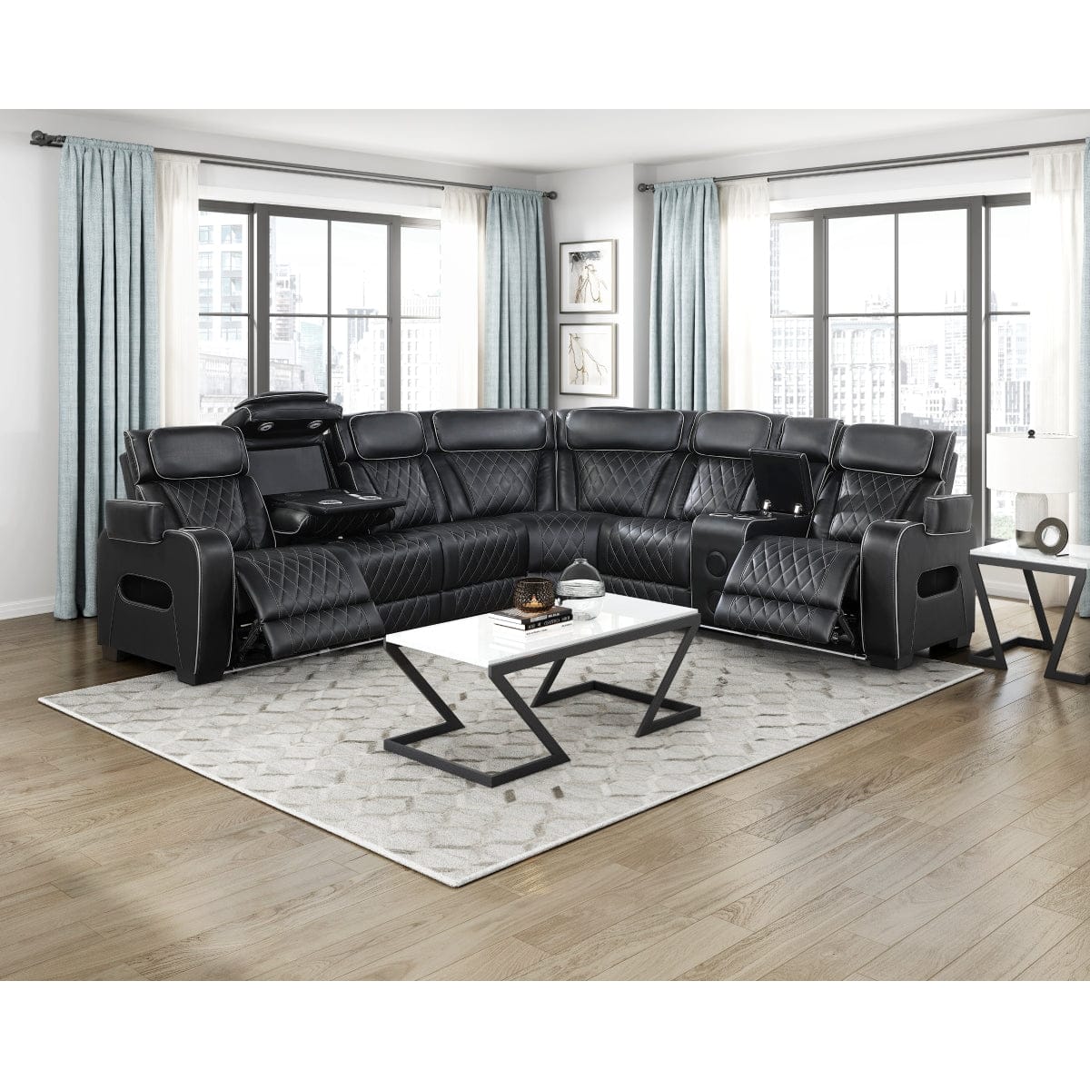 Homelegance  - Fairway 3-Piece Power Reclining Sectional W/ Right Side Console, Power Headrests, Storage Arms, Cup holders, Reading Lights, Charging Ports, Wireless speakers, 2 Wireless Chargers, and LED in Black - 9516BLKSx33L2RCNPWH view 3