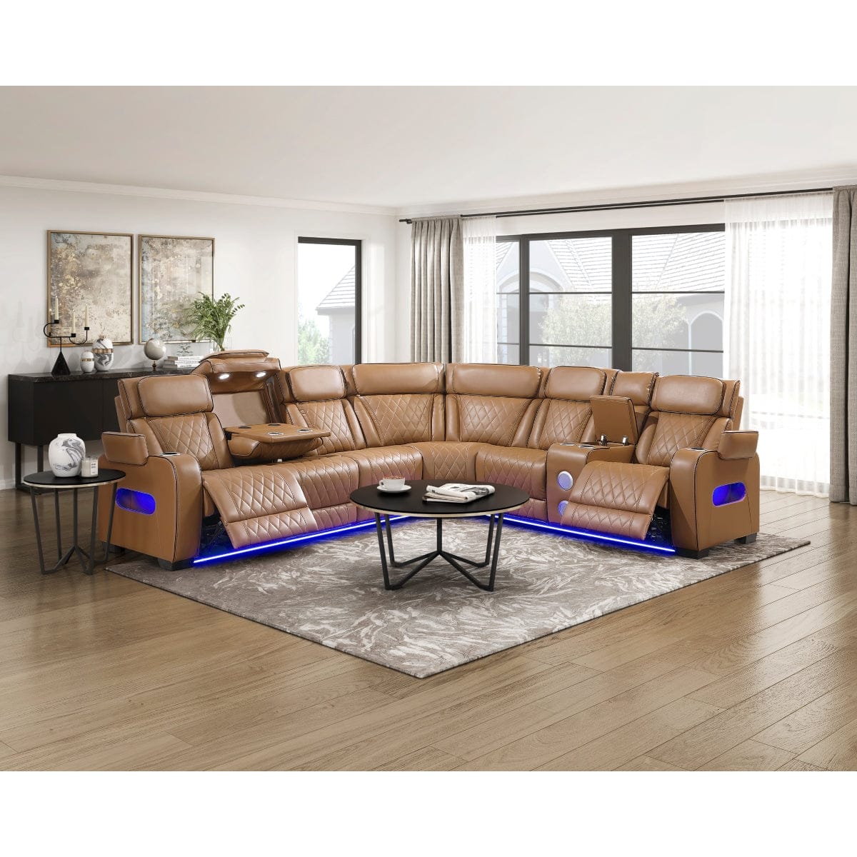 Homelegance  - Fairway 3-Piece Power Reclining Sectional W/ Right Side Console, Power Headrests, Storage Arms, Cup holders, Reading Lights, Charging Ports, Wireless speakers, 2 Wireless Chargers, and LED in Brown - 9516BRWSx33L2RCNPWH view 3