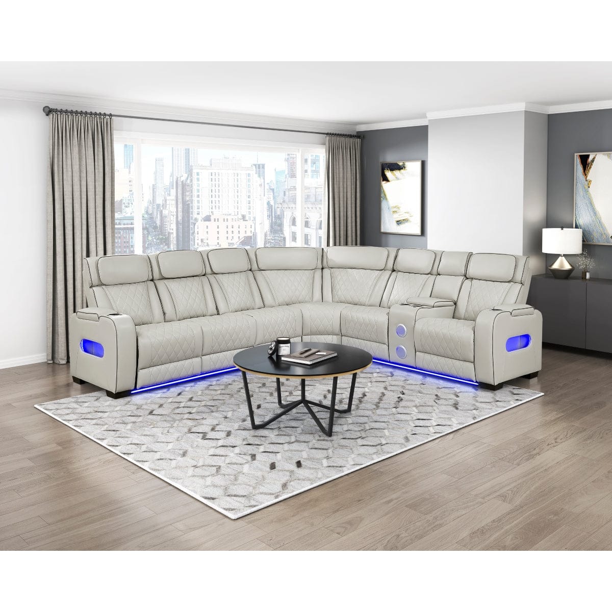 Homelegance  - Fairway 3-Piece Power Reclining Sectional W/ Right Side Console, Power Headrests, Storage Arms, Cup holders, Reading Lights, Charging Ports, Wireless speakers, 2 Wireless Chargers, and LED in Taupe - 9516TPESx33L2RCNPWH view 3