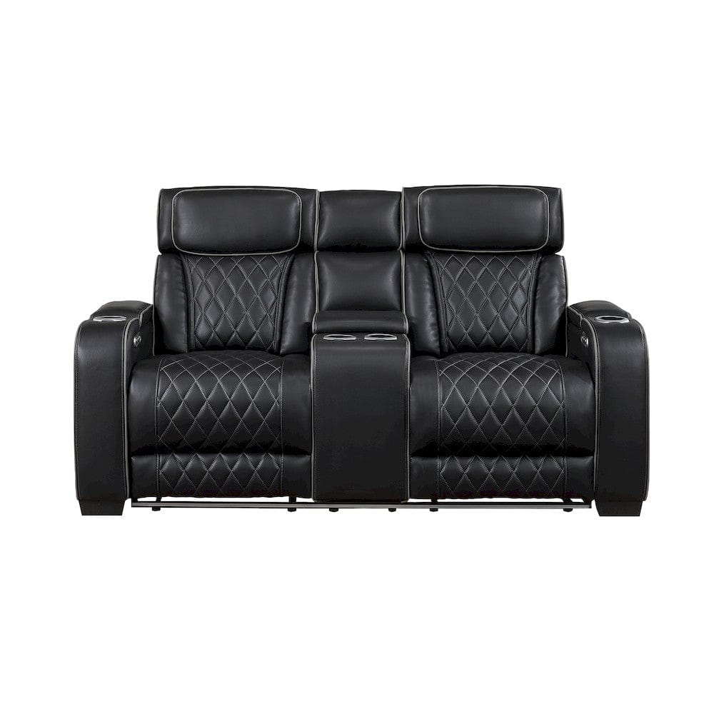 Homelegance  - Fairway Power Double Reclining Love Seat W/ Center Console, Power Headrests, Storage Arms(Top and Side), Cup holders, Charging Ports and LED lighting in Black - 9516BLK-2PWH  view 1