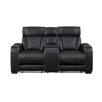Homelegance  - Fairway Power Double Reclining Love Seat W/ Center Console, Power Headrests, Storage Arms(Top and Side), Cup holders, Charging Ports and LED lighting in Black - 9516BLK-2PWH  view 1