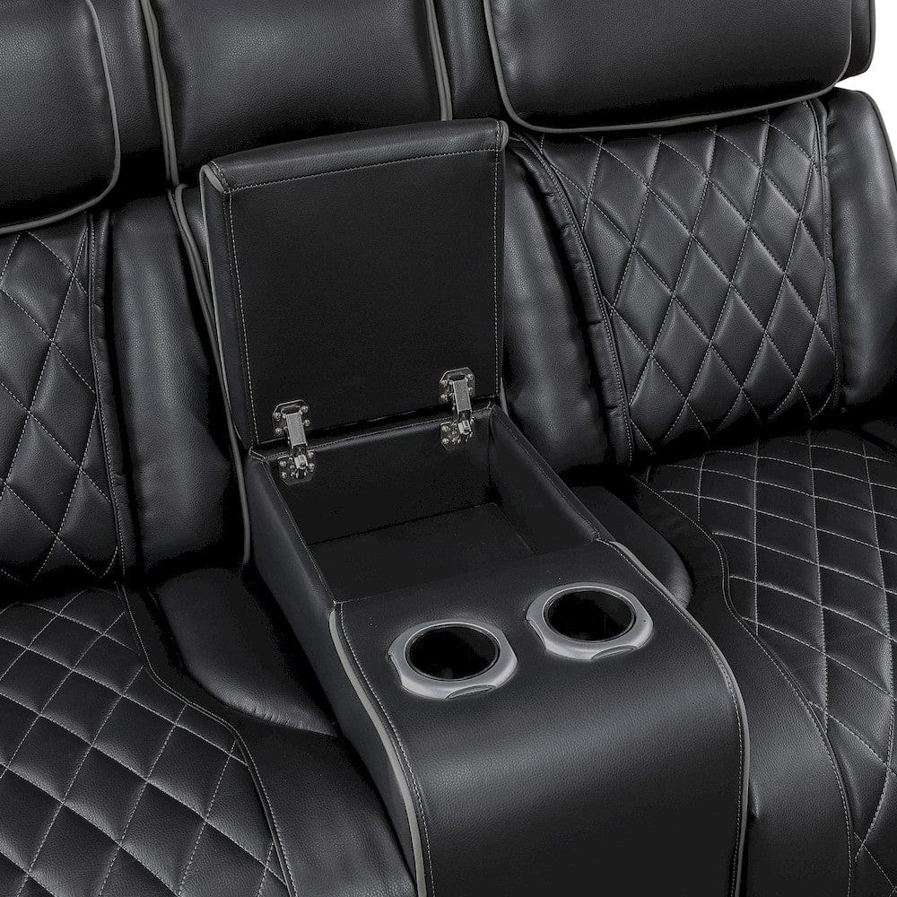 Homelegance  - Fairway Power Double Reclining Love Seat W/ Center Console, Power Headrests, Storage Arms(Top and Side), Cup holders, Charging Ports and LED lighting in Black - 9516BLK-2PWH  view 3