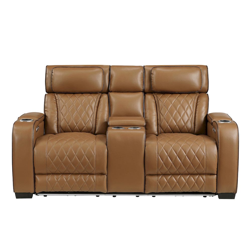 Homelegance  - Fairway Power Double Reclining Love Seat W/ Center Console, Power Headrests, Storage Arms(Top and Side), Cup holders, Charging Ports and LED lighting in Brown - 9516BRW-2PWH  view 1