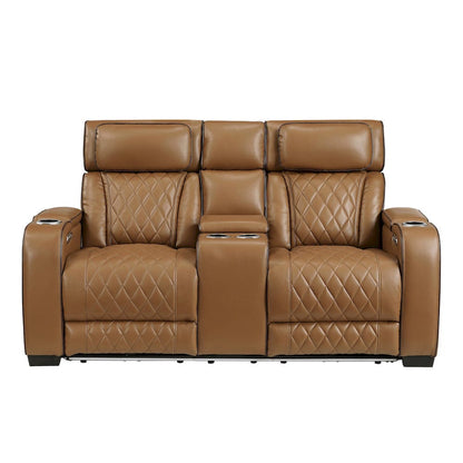 Homelegance  - Fairway Power Double Reclining Love Seat W/ Center Console, Power Headrests, Storage Arms(Top and Side), Cup holders, Charging Ports and LED lighting in Brown - 9516BRW-2PWH  view 1