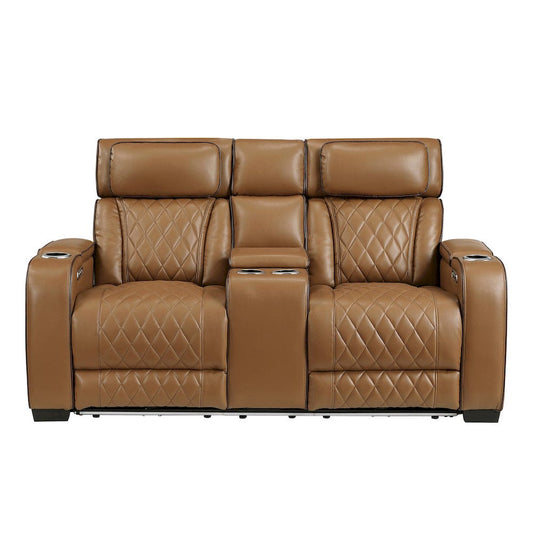 Homelegance  - Fairway Power Double Reclining Love Seat W/ Center Console, Power Headrests, Storage Arms(Top and Side), Cup holders, Charging Ports and LED lighting in Brown - 9516BRW-2PWH  view 1
