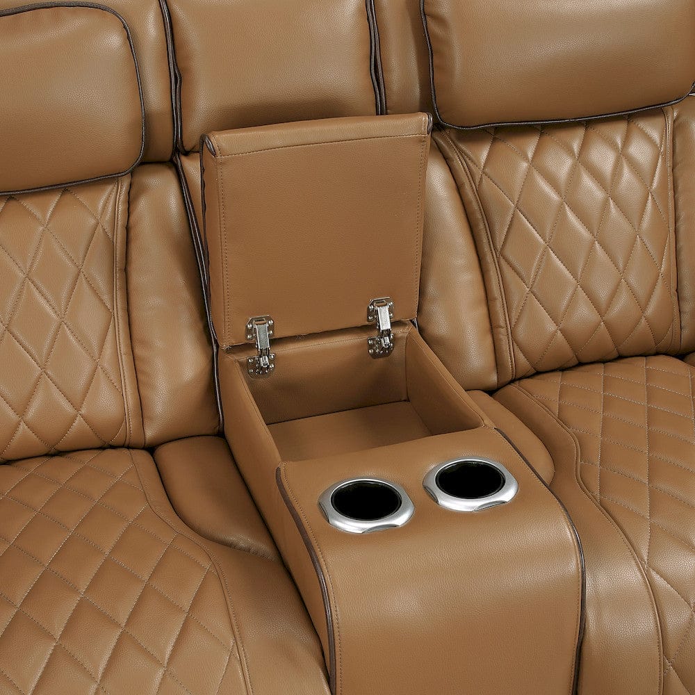 Homelegance  - Fairway Power Double Reclining Love Seat W/ Center Console, Power Headrests, Storage Arms(Top and Side), Cup holders, Charging Ports and LED lighting in Brown - 9516BRW-2PWH  view 3