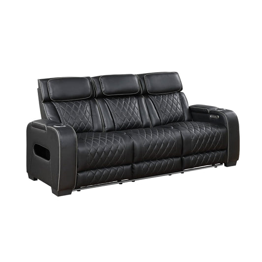 Homelegance  - Fairway Power Double Reclining Sofa W/ Center Drop-Down Cup Holders, Power Headrests, Storage Arms, Cup holders and Reading Lights, Two Wireless Chargers, Charging Ports and LED Lighting in Black - 9516BLK-3PWH view 1