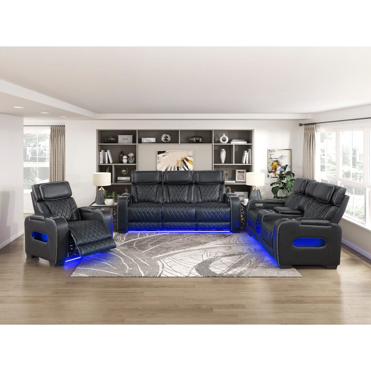 Homelegance  - Fairway Power Double Reclining Sofa W/ Center Drop-Down Cup Holders, Power Headrests, Storage Arms, Cup holders and Reading Lights, Two Wireless Chargers, Charging Ports and LED Lighting in Black - 9516BLK-3PWH view 3