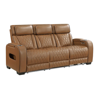 Homelegance  - Fairway Power Double Reclining Sofa W/ Center Drop-Down Cup Holders, Power Headrests, Storage Arms, Cup holders and Reading Lights, Two Wireless Chargers, Charging Ports and LED Lighting in Brown - 9516BRW-3PWH view 1