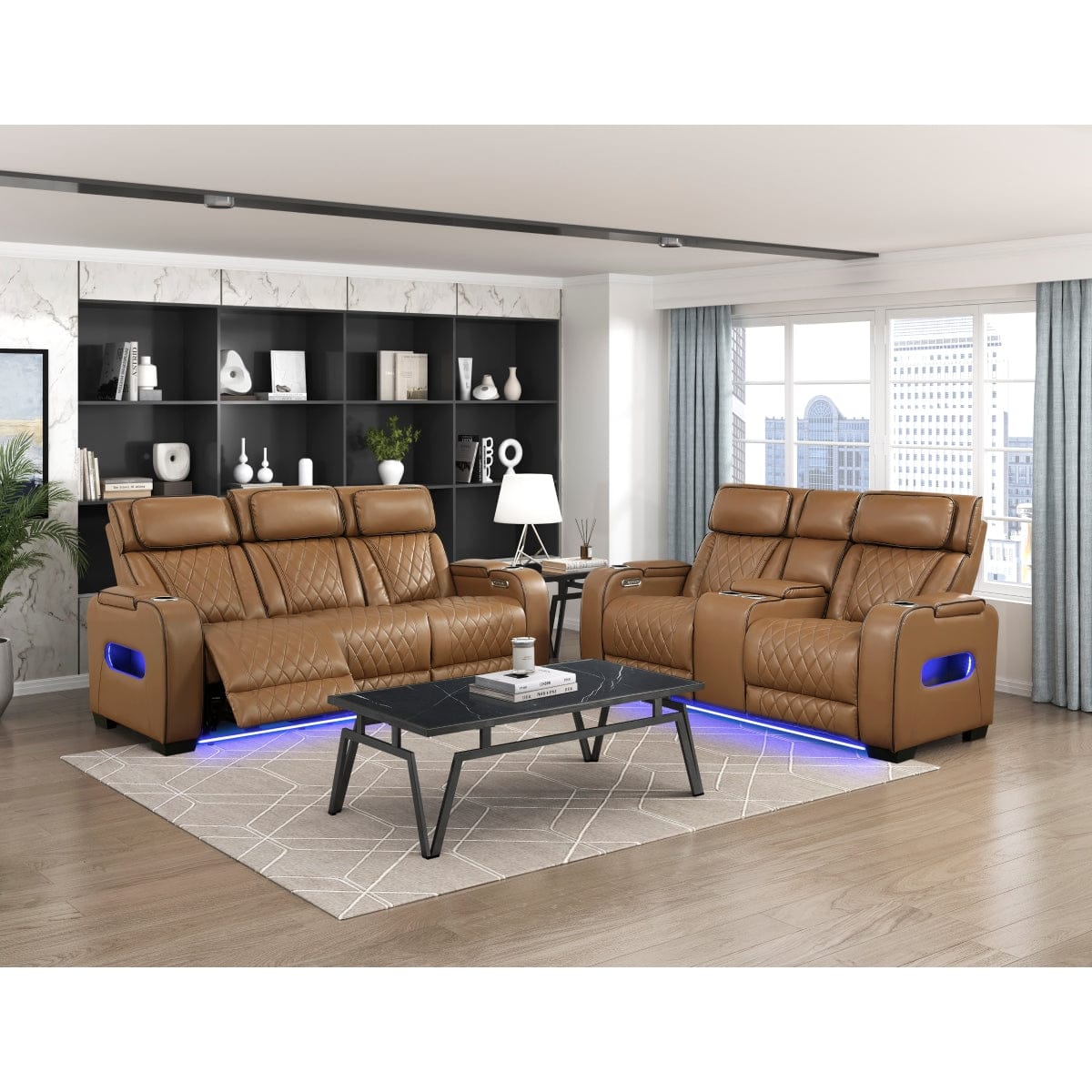 Homelegance  - Fairway Power Double Reclining Sofa W/ Center Drop-Down Cup Holders, Power Headrests, Storage Arms, Cup holders and Reading Lights, Two Wireless Chargers, Charging Ports and LED Lighting in Brown - 9516BRW-3PWH view 3