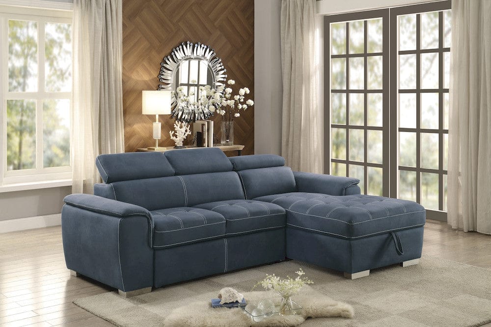 Homelegance  - Ferriday 2-Piece Sectional W/ Adjustable Headrests, Pull-out Bed and Right Chaise W/ Hidden Storage in Blue - 8228BUx  view 2