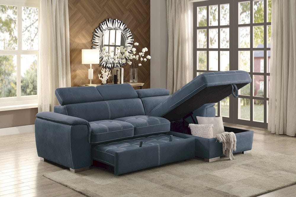 Homelegance  - Ferriday 2-Piece Sectional W/ Adjustable Headrests, Pull-out Bed and Right Chaise W/ Hidden Storage in Blue - 8228BUx  view 3